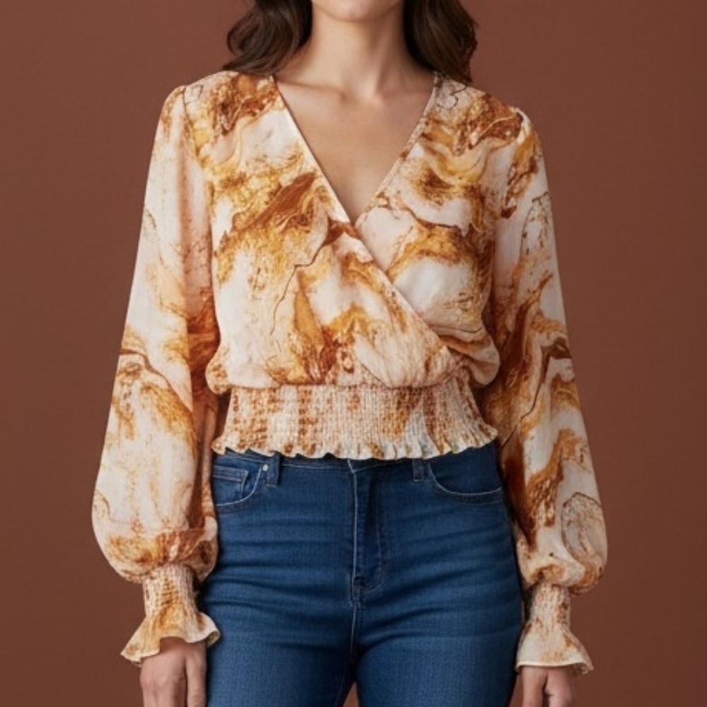 No COMMENT Marble Surplice Balloon Sleeve Smocked Waist Blouse XL